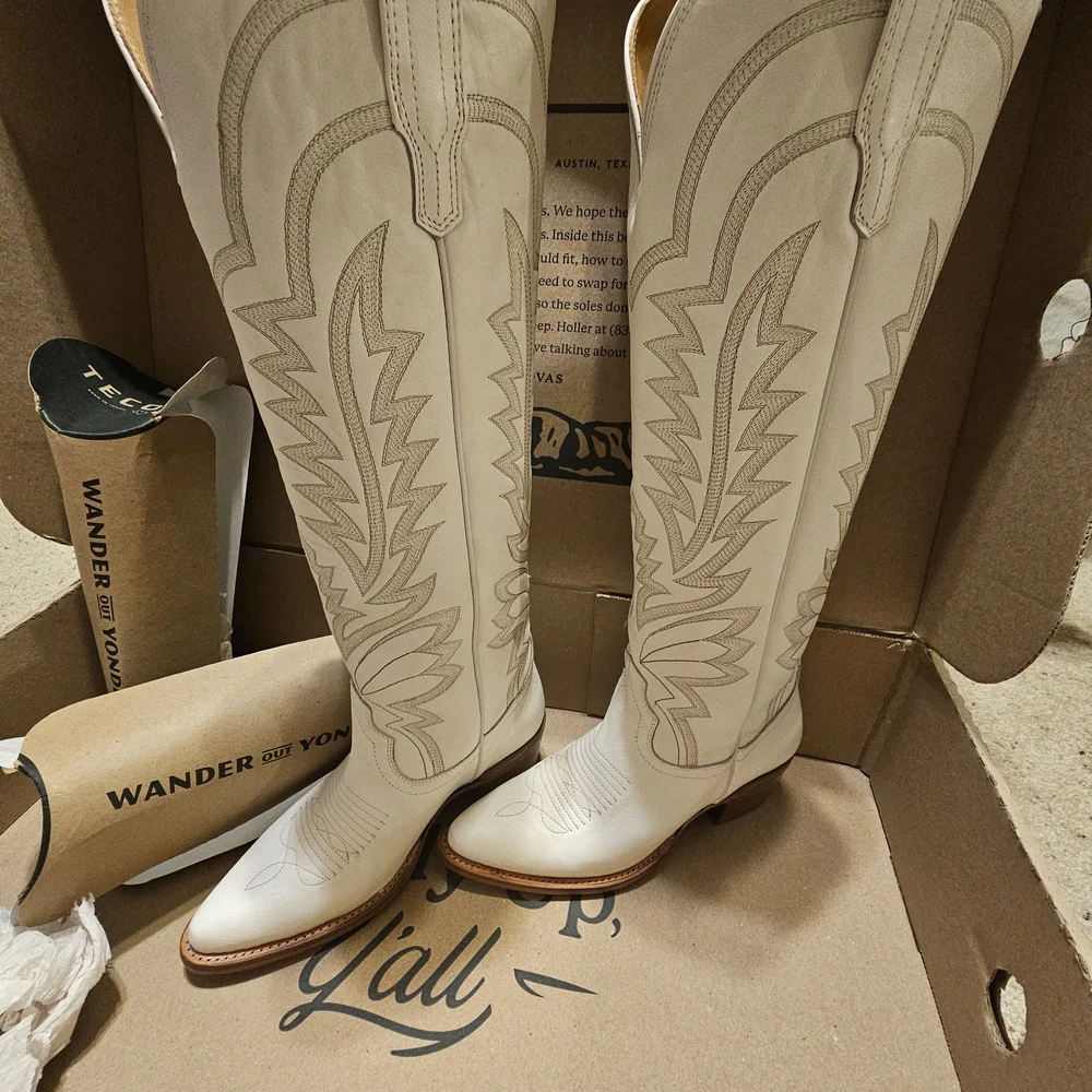 Tecovas White Embroidered Knee-High Leather Cowboy Boots - Picture 5 of 11